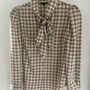 Plaid Tie Neck Puff Sleeve Blouse